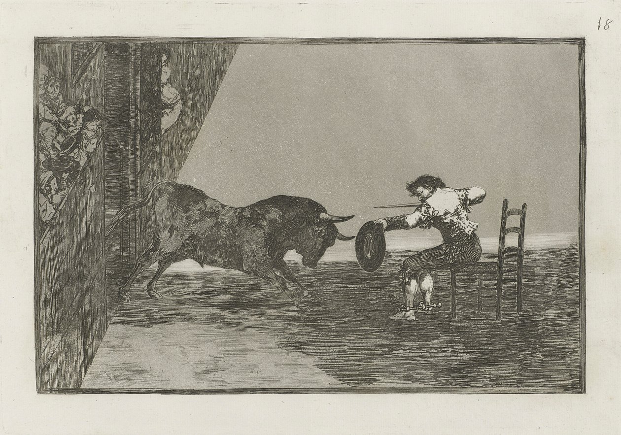 Temeridad de Martincho en la plaza de Zaragoza (The Daring of Martincho in the Ring at Zaragoza), Plate 18 fra La tauromaquia av Francisco de Goya