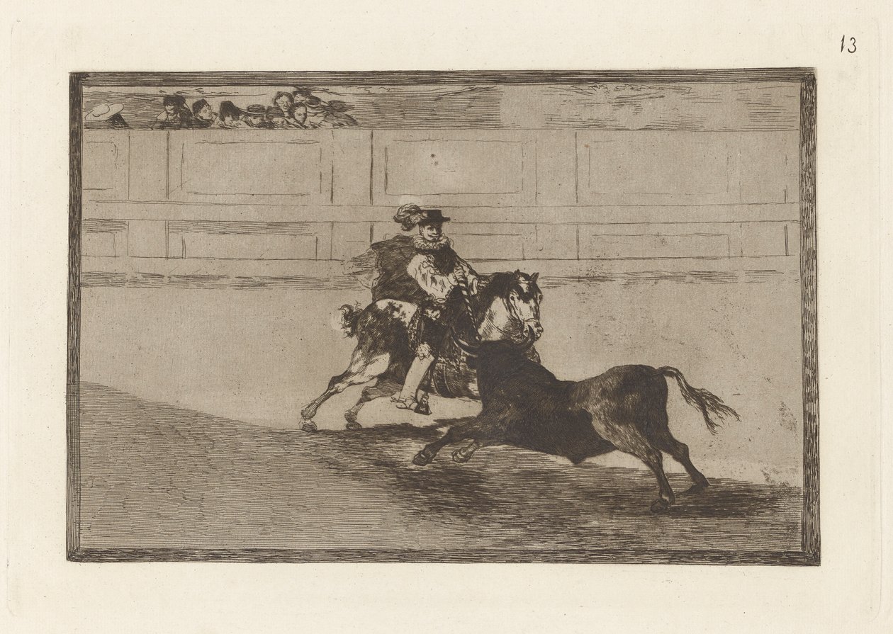 Un caballero espa?ol en plaza quebrando rejoncillos sin auxilio de los chulos (En spansk ridder i ringen som bryter korte spyd uten hjelp fra assistenter), plate 13 fra La tauromaquia av Francisco de Goya