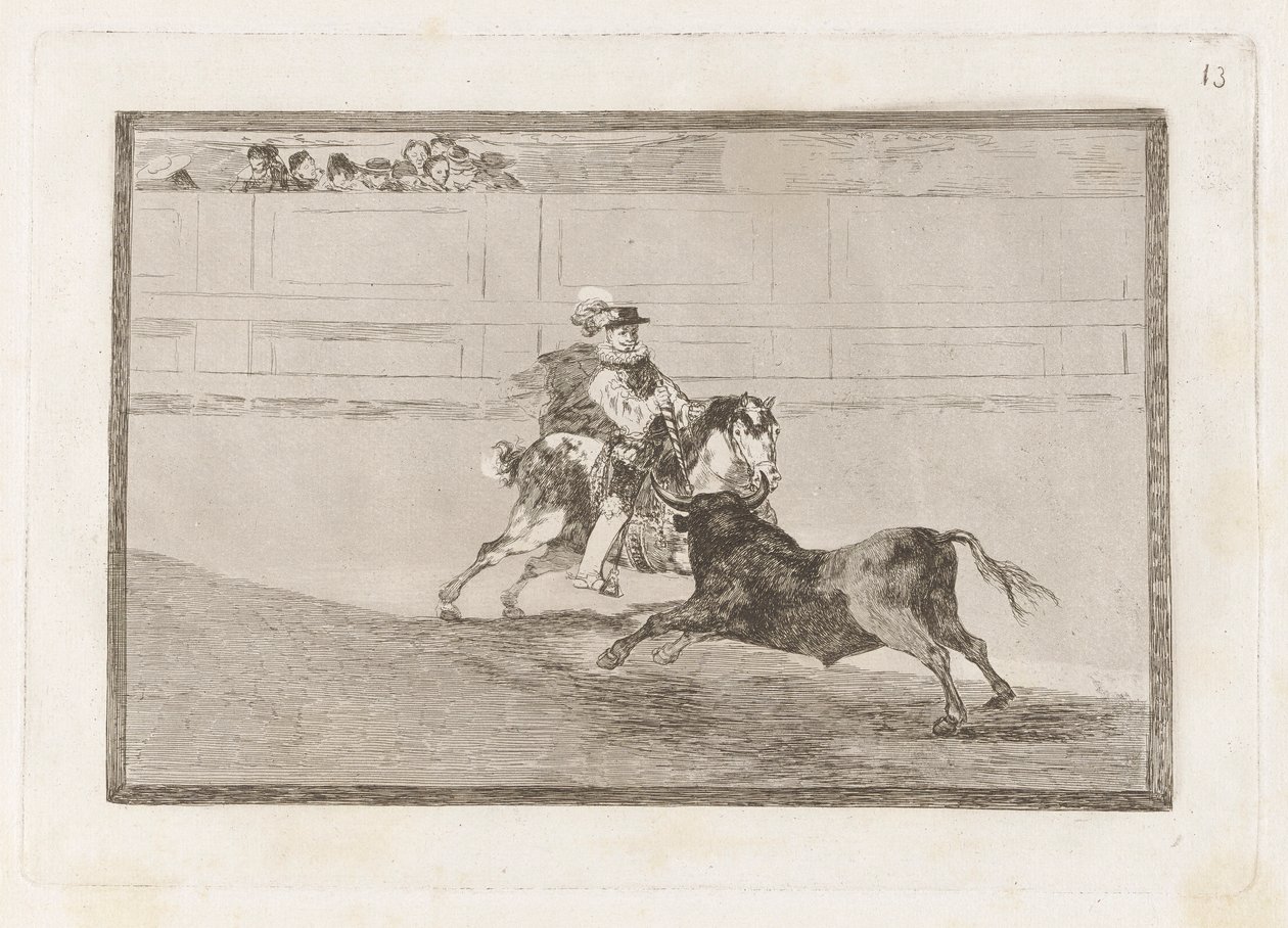 Un caballero espa?ol en plaza quebrando rejoncillos sin auxilio de los chulos (En spansk ridder i ringen som bryter korte spyd uten hjelp fra assistenter), plate 13 fra La tauromaquia av Francisco de Goya