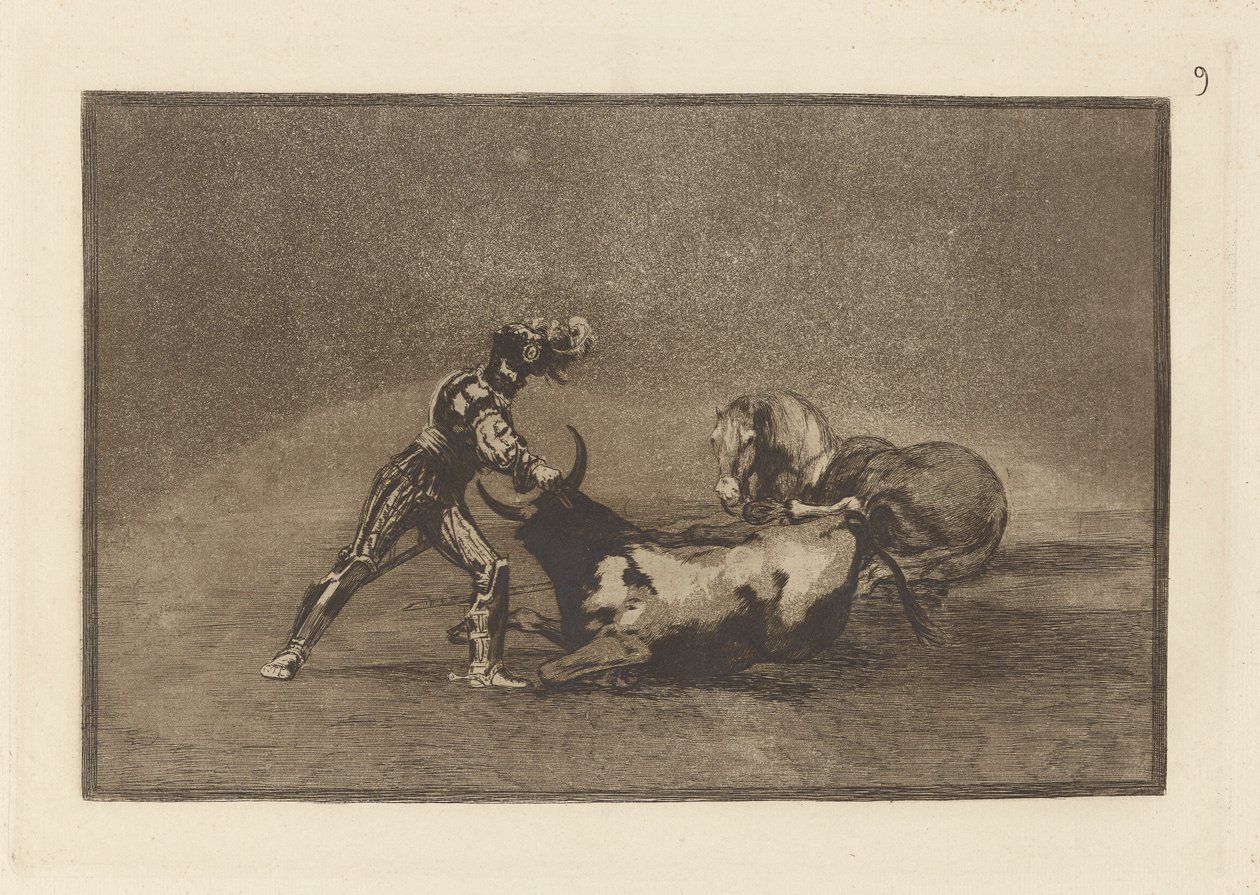 En spansk ridder dreper oksen etter å ha mistet hesten sin, plate 9 fra La tauromaquia av Francisco de Goya