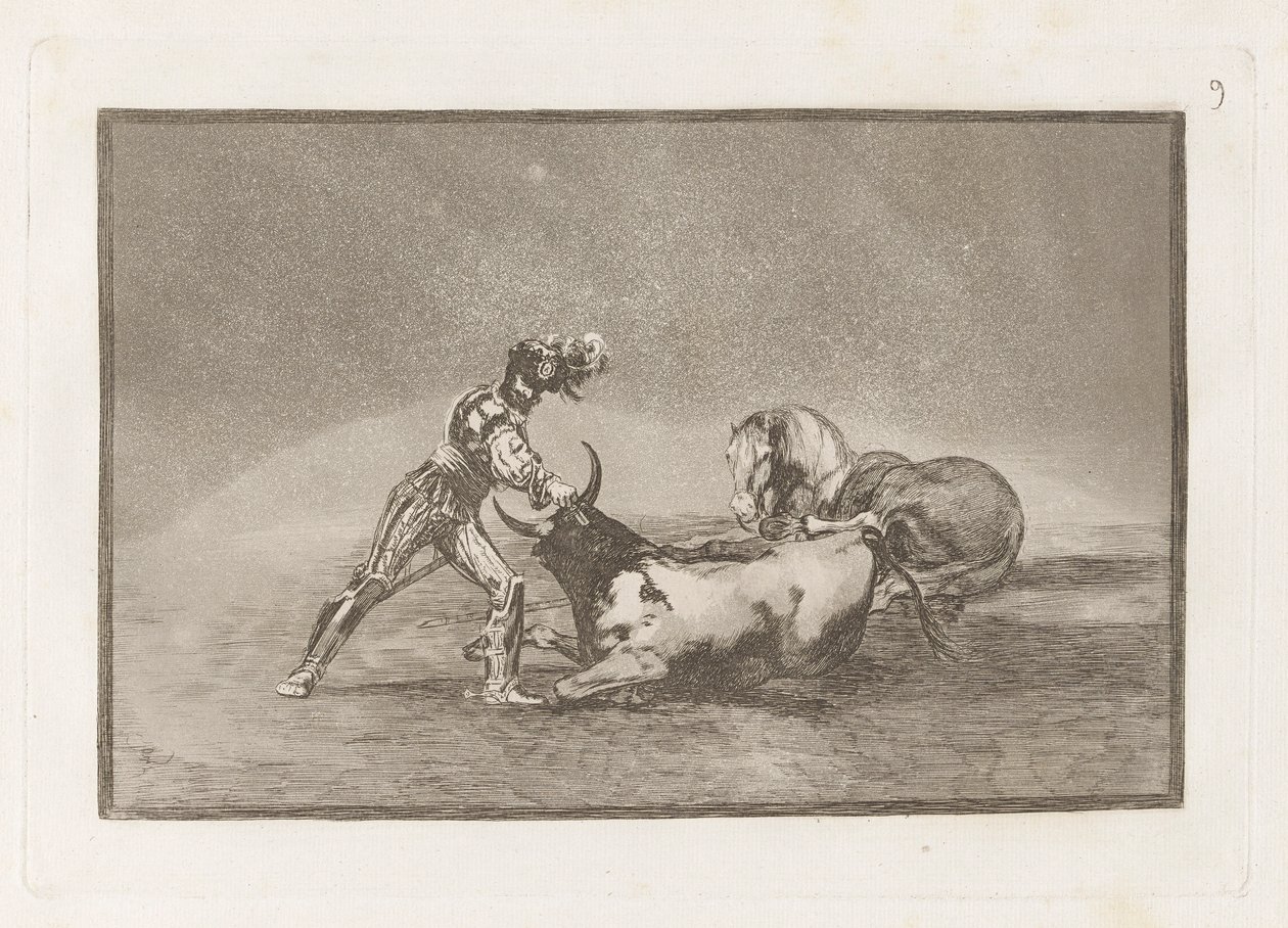 A Spanish Knight Kills the Bull after Having Lost His Horse (A Spanish Knight Kills the Bull after Having Lost his Horse), Plate 9 fra La tauromaquia av Francisco de Goya