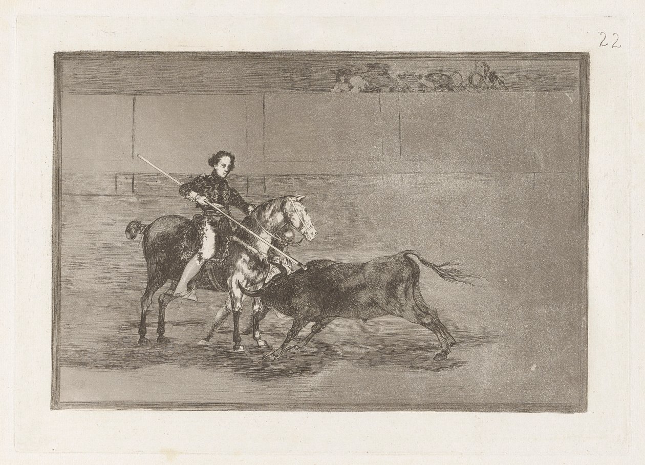 Valor manil de la c?lebre Pajuelera en la de Zaragoza (Manly Courage of the Celebrated Pajuelera in [ringen] ved Saragossa), plate 22 fra La tauromaquia av Francisco de Goya