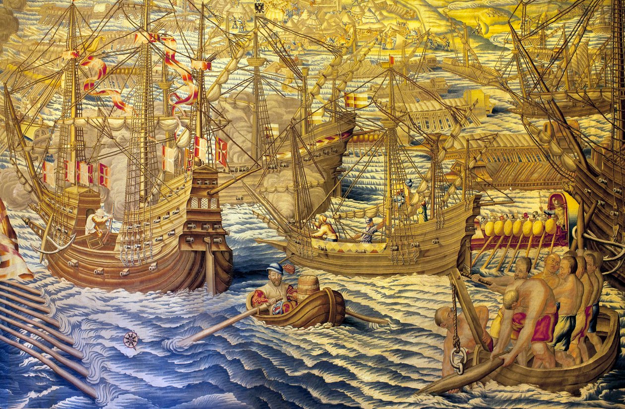 Skipene og barken - Detalj av erobringen av Tunis (Tunisia) - Tapet av Francisco og Cornelius Van der Ggot (1700-tallet), vevd inn i den kongelige billedvevfabrikken, midten av 1700-tallet, etter 1500-tallets billedvev av Willem de Pannemaker - (Tun av Francisco Ignacio Vandergoten Canyuwell