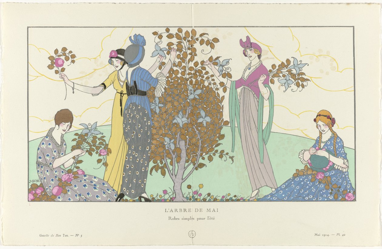 Gazette du Bon Ton, 1914 - nr. 5, pl. 42: The Maypole / Simple dresses for summer (tittel på objekt) av Francisco Javier Gosé