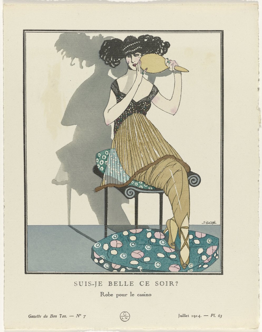 Gazette du Bon Ton. Kunst – Modes & Frivolities: Artister Gazette du Bon Ton, 1914, nr. 7, pl. 63: Er jeg vakker i kveld? / Kle deg til kasinoet (tittel på objekt) av Francisco Javier Gosé