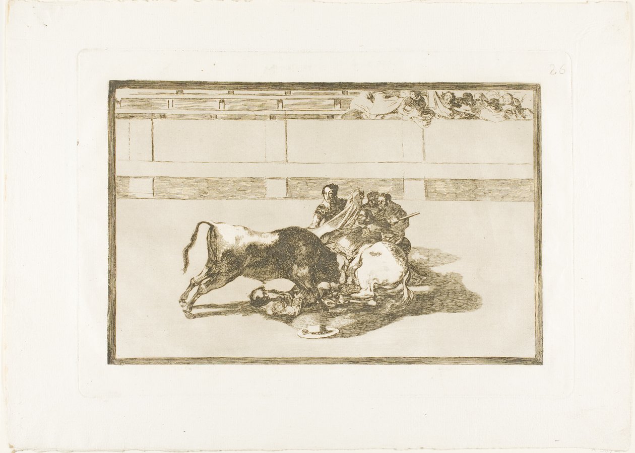 A Picador is Unhorsed and Falls under the Bull, plate 26 fra The Art of Bullfighting av Francisco Jose de Goya y Lucientes