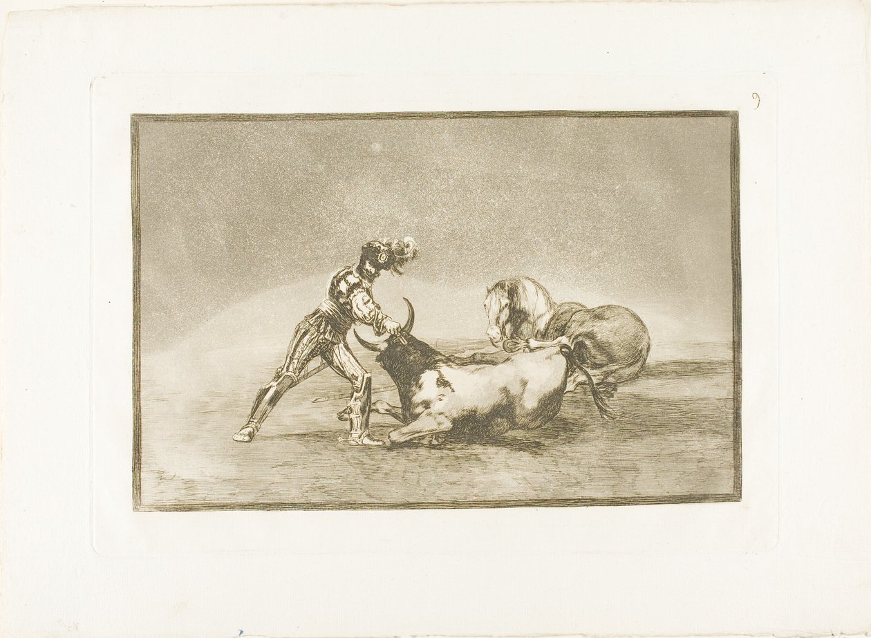En spansk ridder dreper oksen etter å ha mistet hesten sin, plate ni fra The Art of Bullfighting av Francisco Jose de Goya y Lucientes
