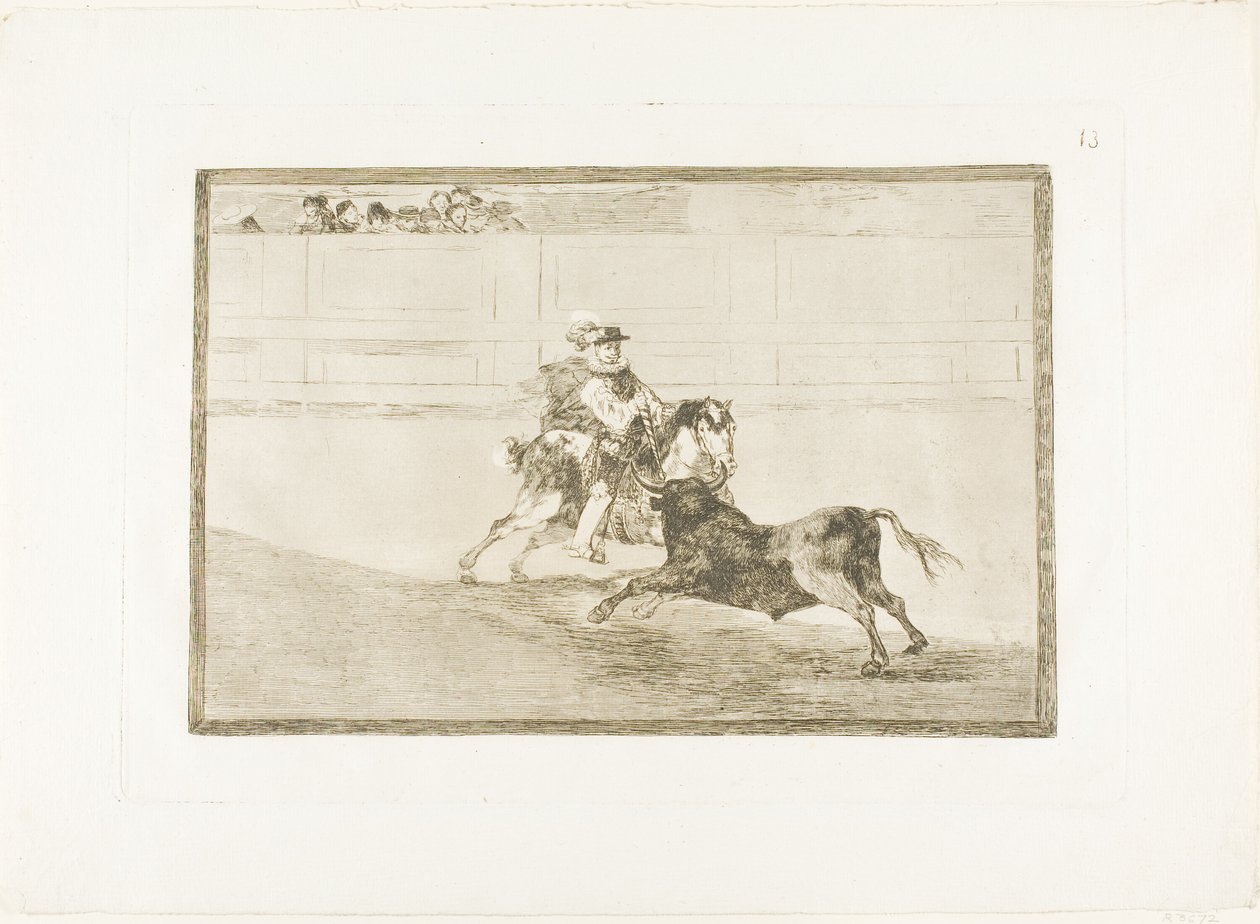 En spansk ridder i ringen bryter korte spyd uten hjelp av assistenter, plate 13 fra The Art of Bullfighting av Francisco Jose de Goya y Lucientes