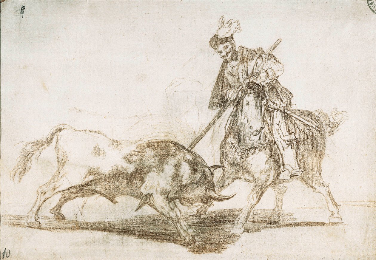 Tyrefekting: The Cid gjennomborer en annen okse fra spydet 1815-16 (forberedende tegning) av Francisco de Goya