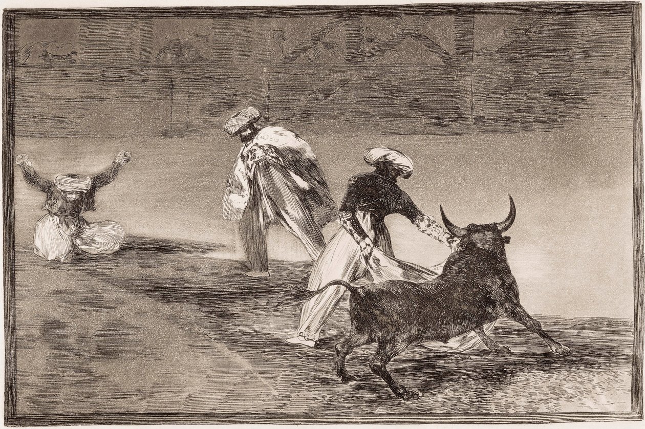 Tyrefekting: Maurerne spiller kappen med en annen okse i en innhegning av Francisco de Goya