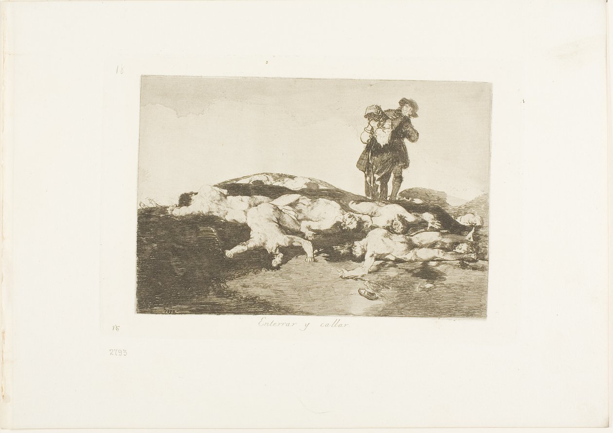 Bury them and keep quiet, plate 18 from The Disasters of War   1270052   no       norwegian Successfully Translated  Original: Nine Children Listening to a Girl Tell a Story; A Boy Handing a Purse to a Girl Seated on a Bed Translat: Nine Children Listening av Francisco Jose de Goya y Lucientes
