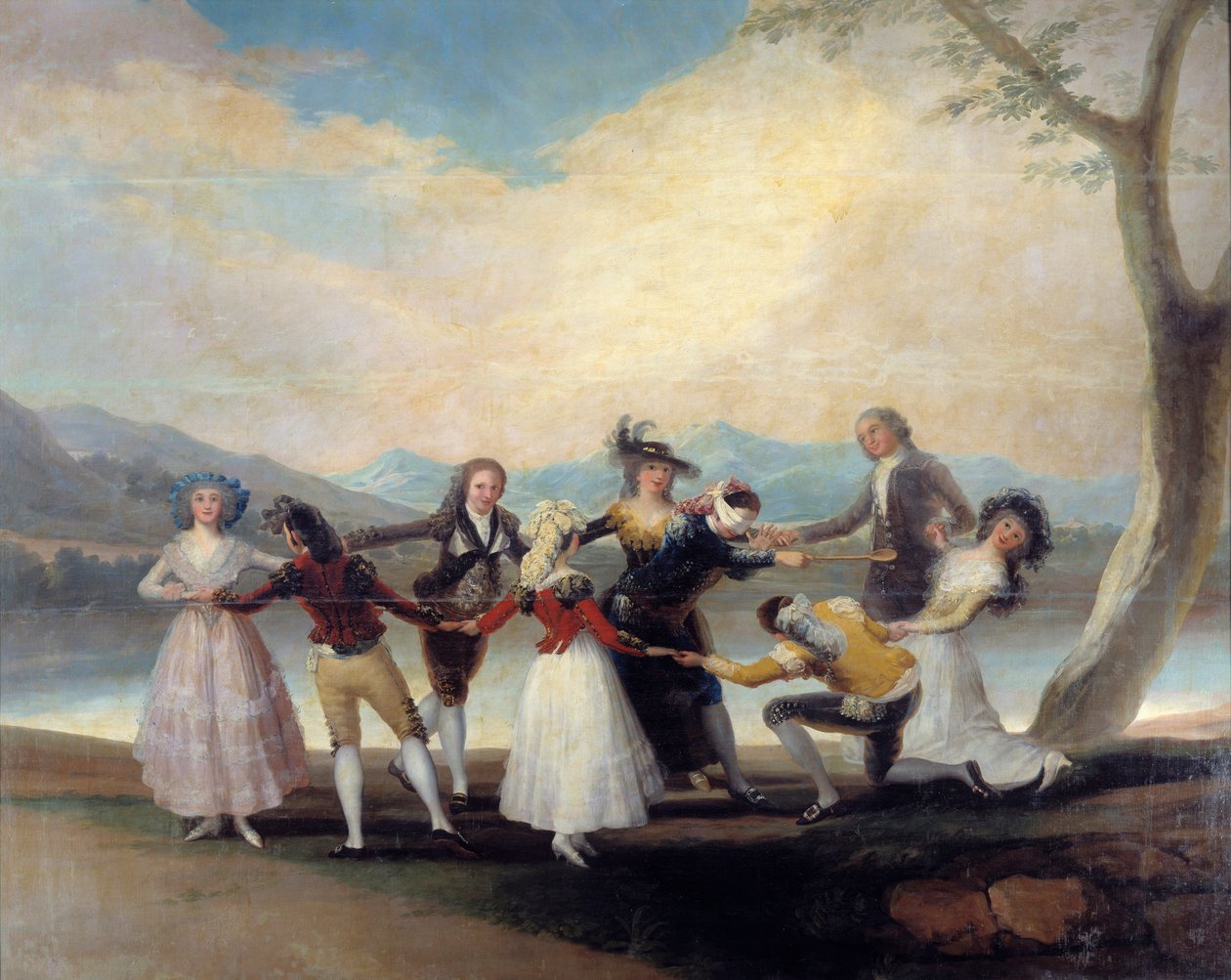 Colin Maillard (Colin-Maillard) spillet om den blinde høna. Ungdom danser rundt den som har stripete øyne. Maleri av Francisco De Goya (1746-1828) av Francisco de Goya
