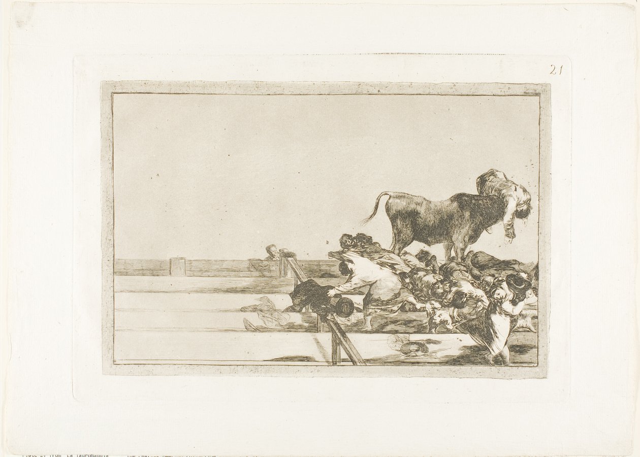 Fryktelige hendelser på de første radene i ringen i Madrid, og borgmesteren i Torrejóns død, plate 21 fra The Art of Bullfighting av Francisco Jose de Goya y Lucientes