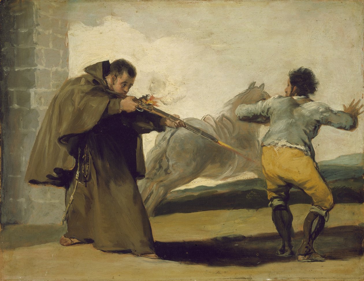 Broder Pedro skyter El Maragato mens hesten hans stikker av, ca. 1806 av Francisco de Goya