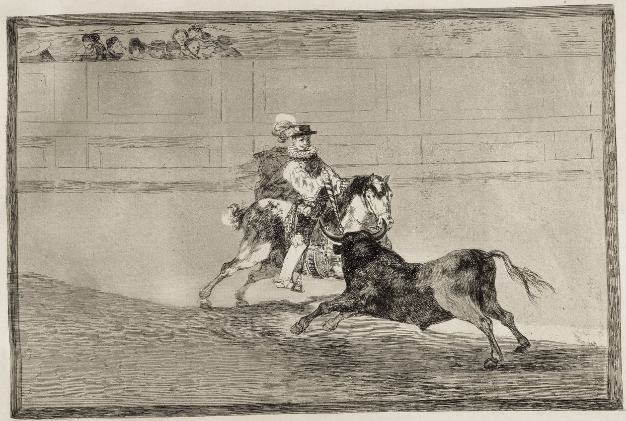 GOYA Y LUCIENTES, Francisco de (1746-1828). En spansk ridder i ringen bryter korte spyd uten hjelp fra assistenter. 1816. Etsning. SPANIA. MADRID (AUTONOMT FELLESSKAP). Madrid. Nasjonalbiblioteket av Francisco Jose de Goya y Lucientes