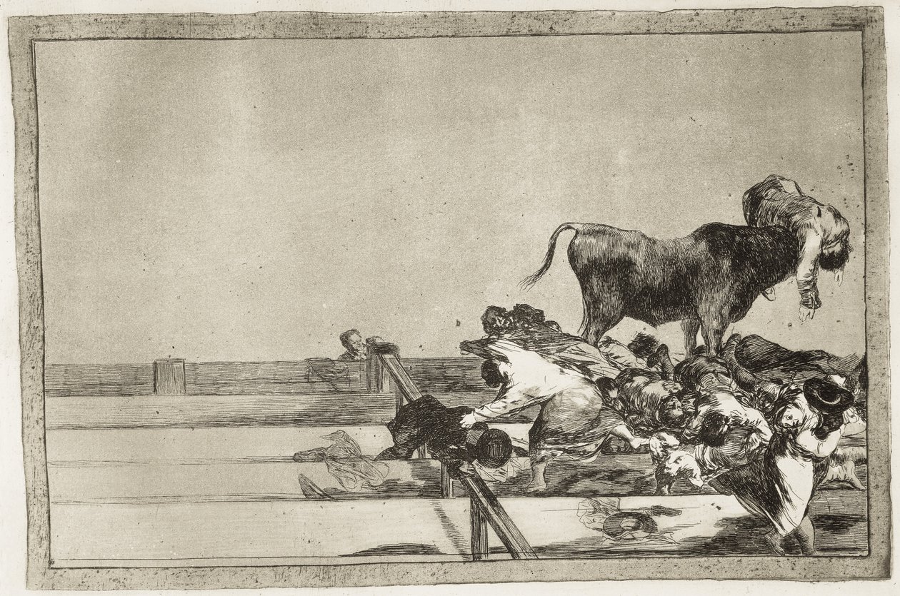 GOYA Y LUCIENTES, Francisco de (1746-1828). Forferdelige hendelser på de første radene i ringen i Madrid og borgmesteren i Torrejons død i 1801. 1816. Plate 21 av «The Art of Bullfighting». Etsing. SPANIA. MADRID (AUTONOMT FELLESSKAP). Madrid. nasjonal av Francisco Jose de Goya y Lucientes