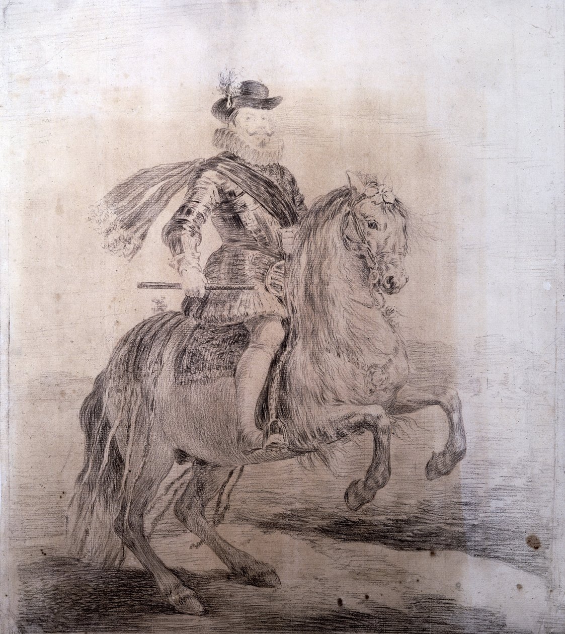 GOYA Y LUCIENTES, Francisco de (1746-1828). Ridesportrett av Filip III av Spania. 1778. PHILIP III av Spania (1578-1621). Konge av Spania (1598-1621). Tegne kopier av Velazquez-malerier. Barokk kunst. Tegning. SPANIA. MADRID (AUTONOMT FELLESSKAP). Gal av Francisco Jose de Goya y Lucientes