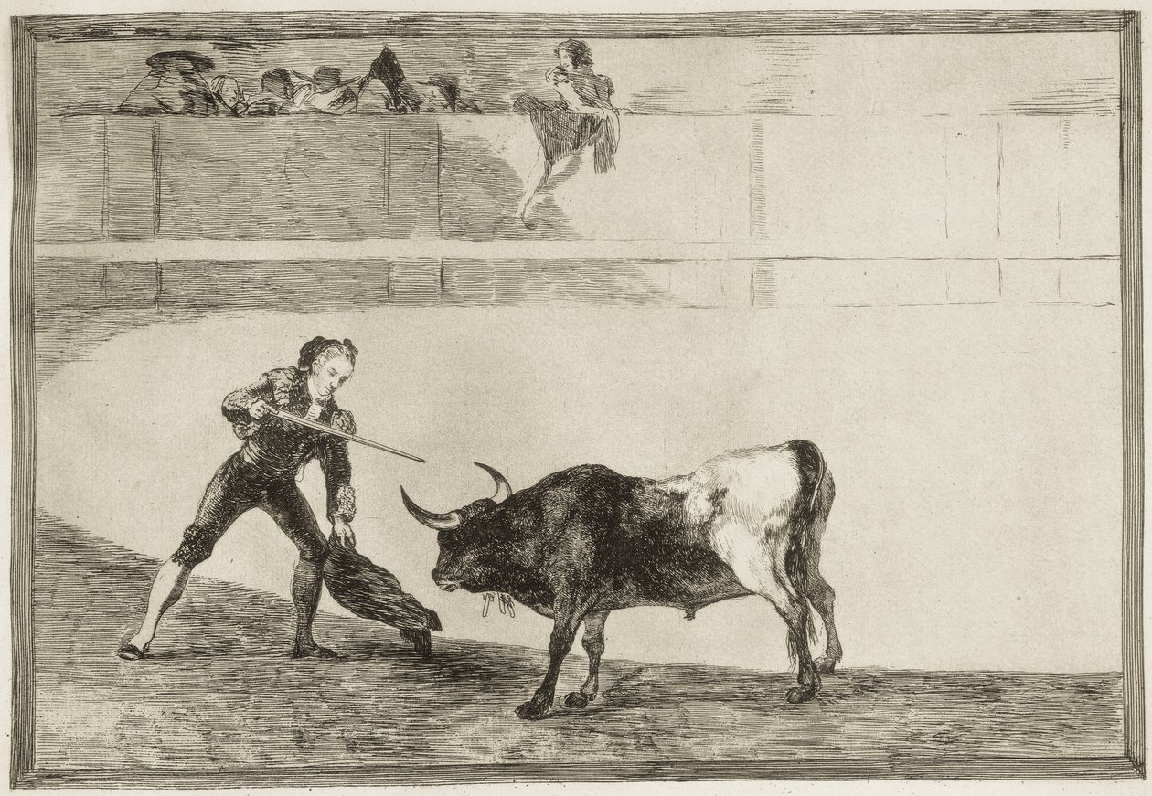 GOYA Y LUCIENTES, Francisco de (1746-1828). Pedro Romero dreper den stoppede oksen. 1816. (25,1 x 35,9 cm). ROMERO, Pedro (1754-1839). Spansk tyrefekter. Plate 30 av «Kunsten å tyrefekting». Etsing. SPANIA. MADRID (AUTONOMT FELLESSKAP). Madrid. nasjonal av Francisco Jose de Goya y Lucientes