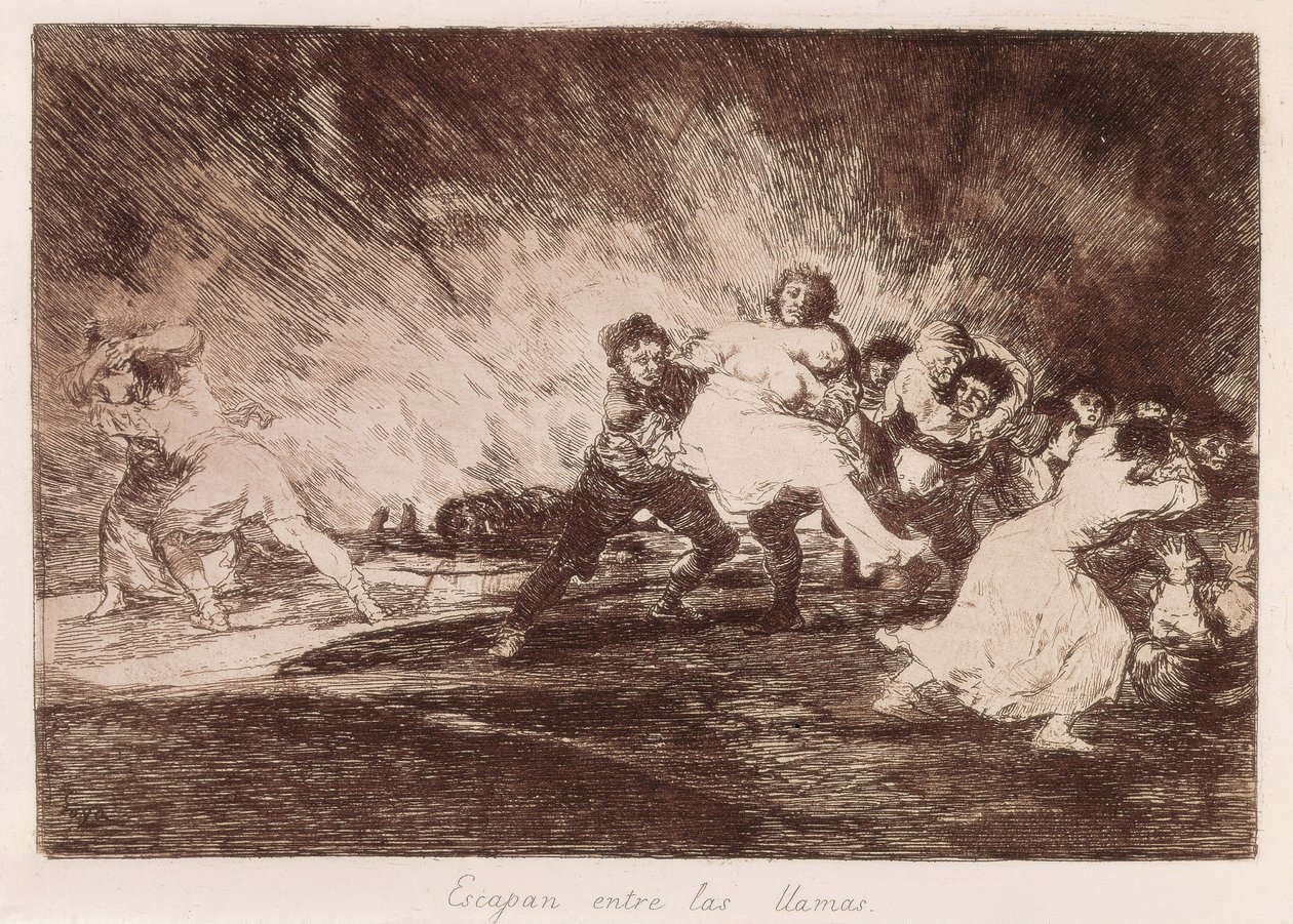 GOYA Y LUCIENTES, Francisco de (1746-1828). De rømmer gjennom flammene. 1810-1812. (16,1 x 23,3 cm). Plate 47 av "The Disasters of War". Etsing. SPANIA. MADRID (AUTONOMT FELLESSKAP). Madrid. Nasjonalbiblioteket av Francisco Jose de Goya y Lucientes