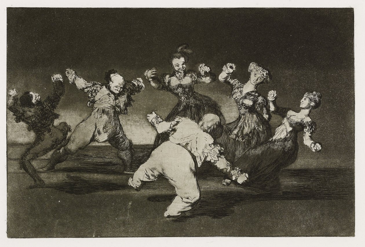 Merry dårskap (Disparate alegre), Plate 12 fra "Los Proverbios", ca. 1819-24 (etsing, aquatint, lavis, burnisher, drypoint & burin på papir) av Francisco de Goya