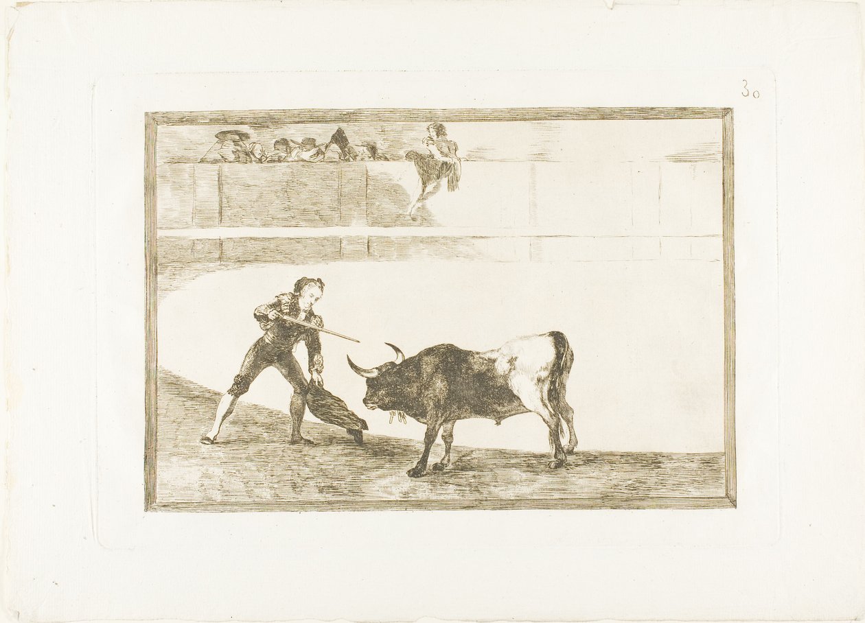 Pedro Romero dreper den stansede oksen, plate 30 fra The Art of Bullfighting av Francisco Jose de Goya y Lucientes