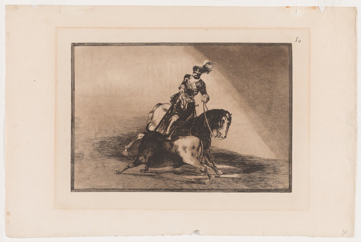Plate 10 fra La Tauromaquia: Charles V Spyde en okse i ringen ved Valladolid, 1816, trykt 1876 (Etsing og akvatint på lagt papir) av Francisco Jose de Goya y Lucientes