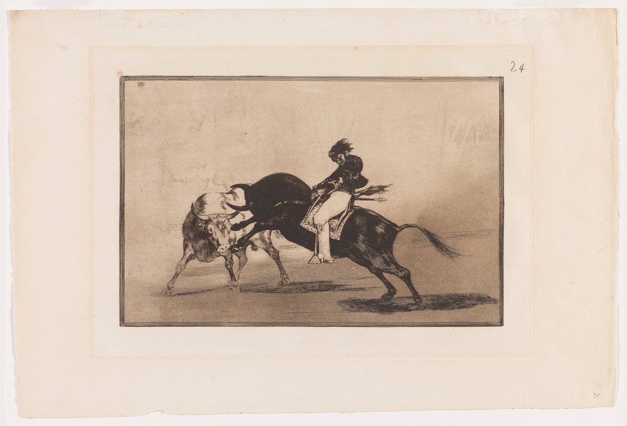 Plate 24 fra La Tauromaquia: The Same Ceballos montert på Another Bull Breaks Korte spyd i ringen i Madrid av Francisco Jose de Goya y Lucientes