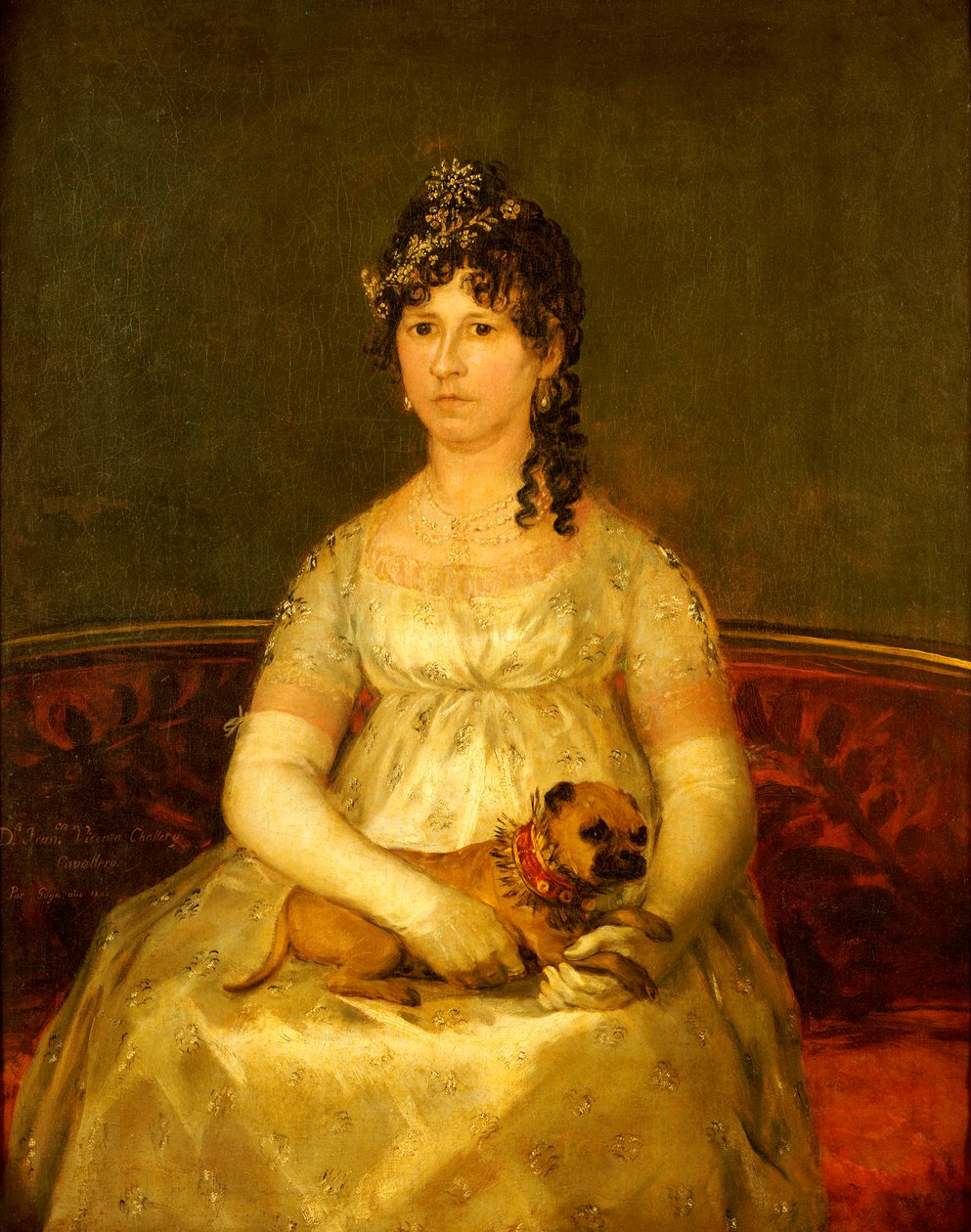 Portrett av Dona Francisca Vicenta Chollet y Caballero, sittende, trekvart lengde, med en fanghund, 1806 av Francisco de Goya