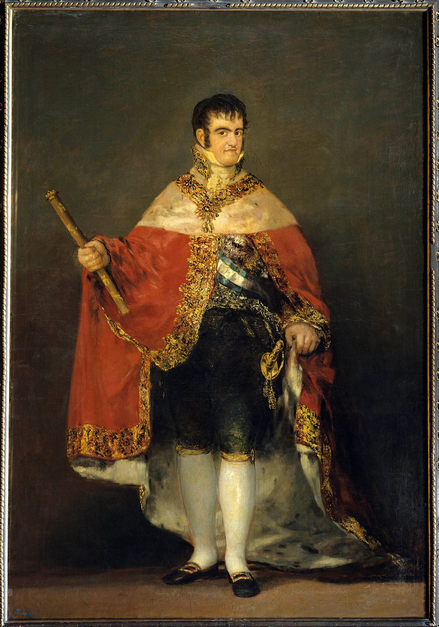 Portrett av kong Ferdinand VII (1784-1833) i kongelig drakt. Ca 1815. Madrid. Musee du Prado - Portrett av kong Ferdinand VII (1784-1833) med kongelig mantel. Maleri av Francisco de Goya og Lucients av Francisco de Goya