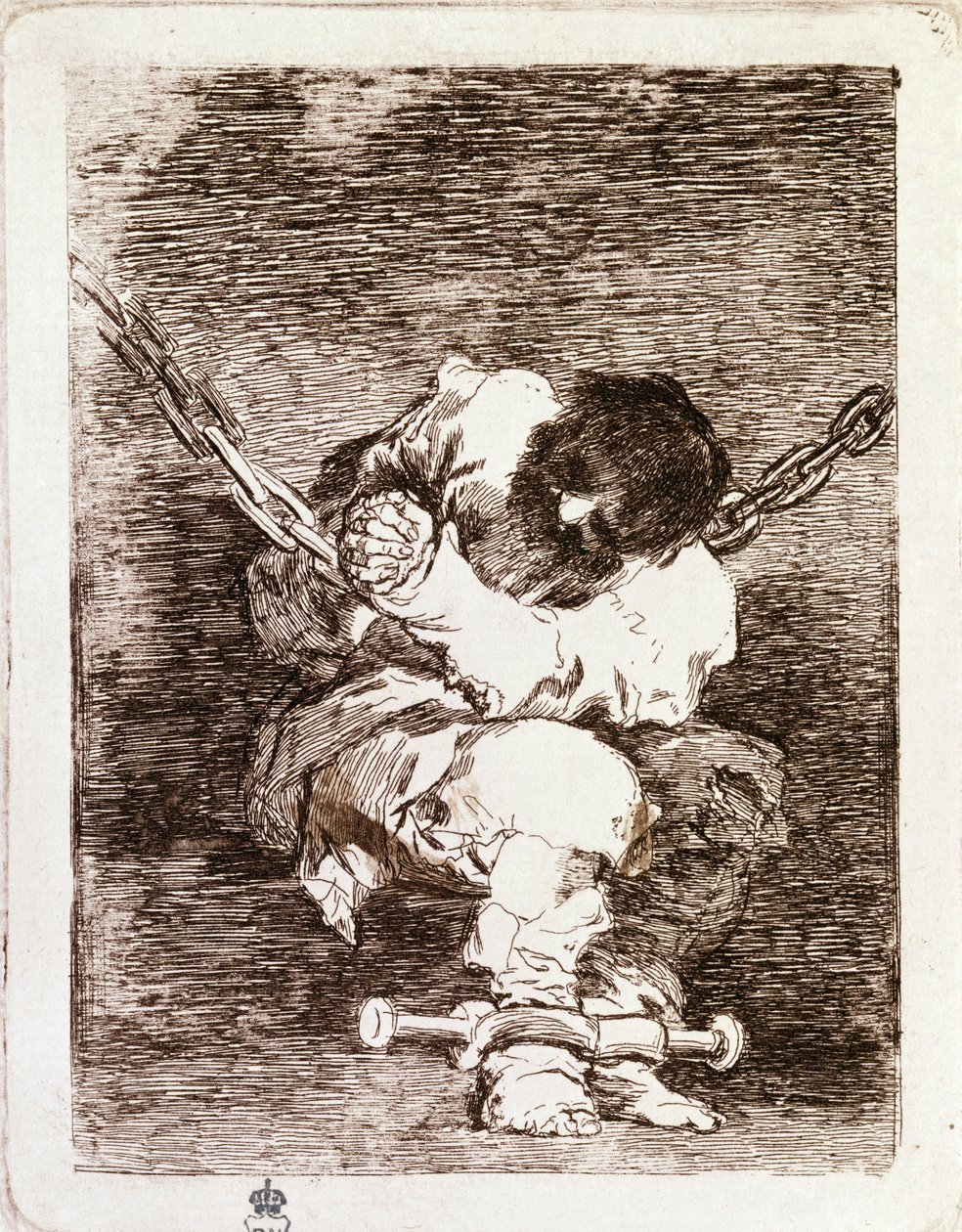Fangekjede sitter - Sikkerheten er like barbarisk som forbrytelsen. (Gravering av Francisco de Goya
