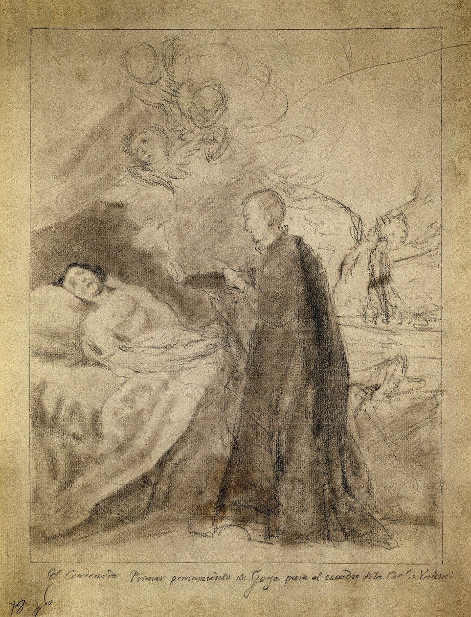 Saint Francois (Francis) Borgia (1510-1578) ved sengen til en døende ubotferdig. Tegning 1788, av Francisco de Goya y Lucientes (1746-1828). Skisse til maleriet med samme tittel bestilt av Ausuna-familien. Prado-museet, Madrid. av Francisco Jose de Goya y Lucientes