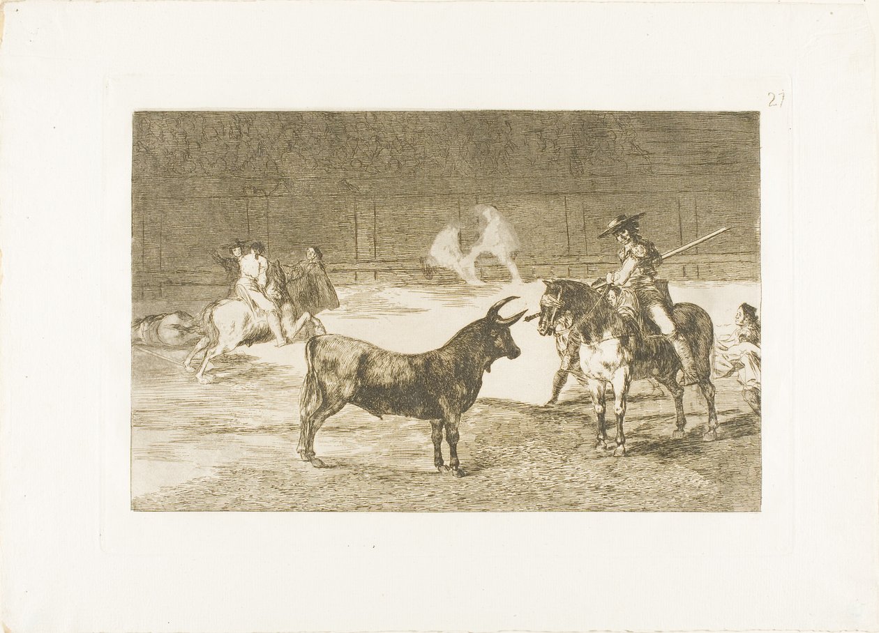 The Celebrated Picador, Fernando del Toro, Draws the Fierce Beast on with His Pique, plate 27 fra The Art of Bullfighting av Francisco Jose de Goya y Lucientes