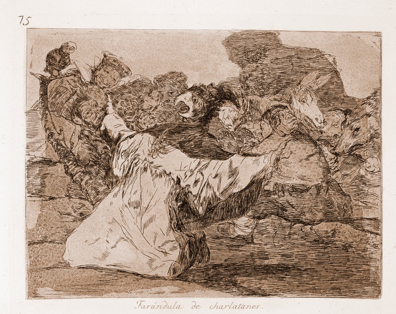The Disasters of War: Farandole av sjarlataner (radering fra forberedende tegning av Francisco de Goya
