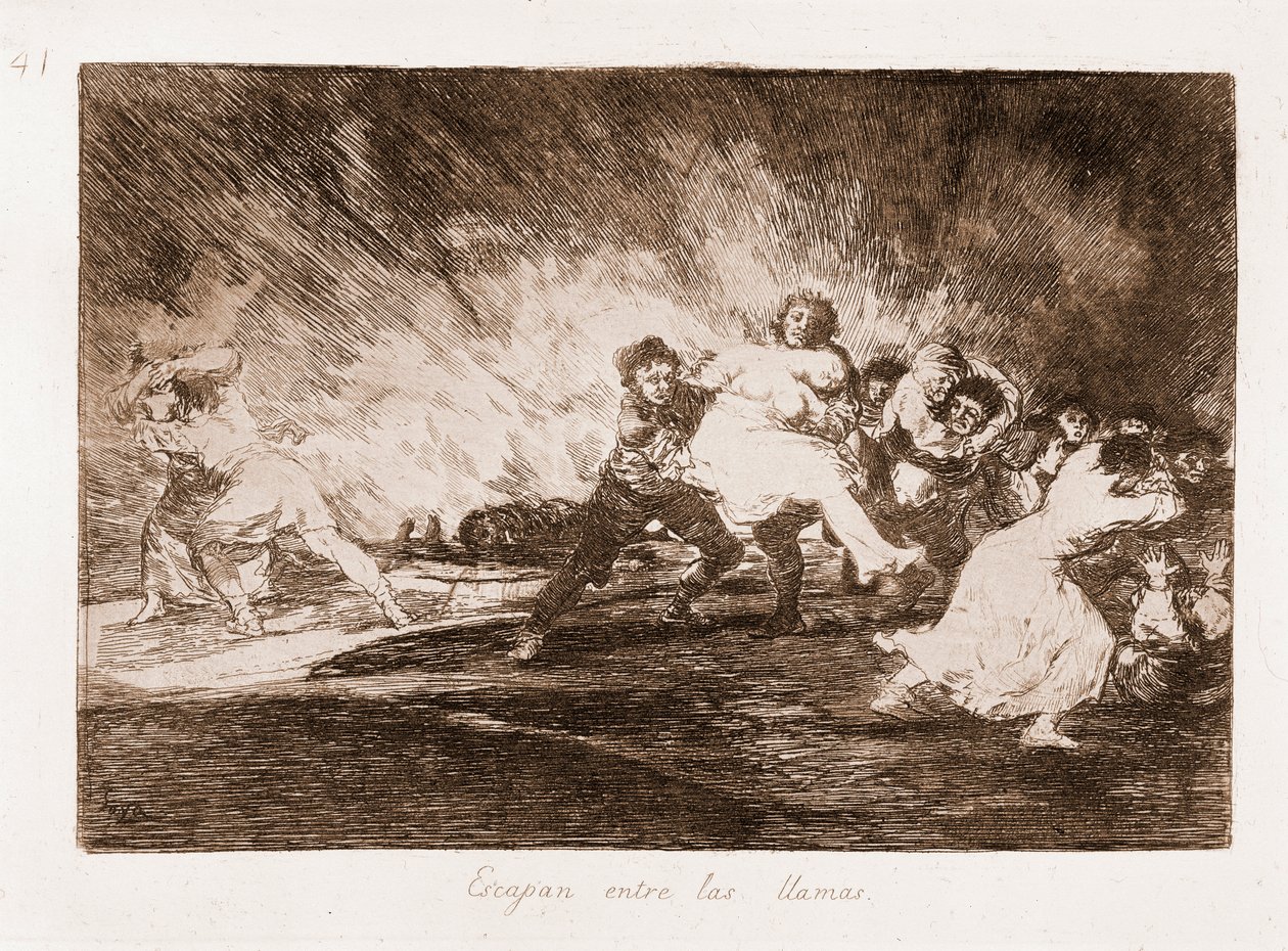 The Disasters of War: De rømmer gjennom flammene (etsing fra tegning av Francisco de Goya