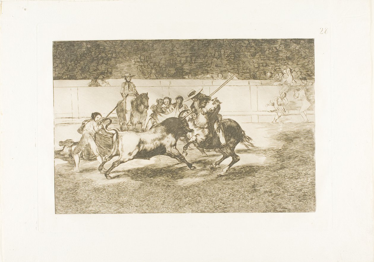 The Forceful Rendón Stabs a Bull with the Pique, from which Pass He Died in the Ring at Madrid, plate 28 fra The Art of Bullfighting av Francisco Jose de Goya y Lucientes