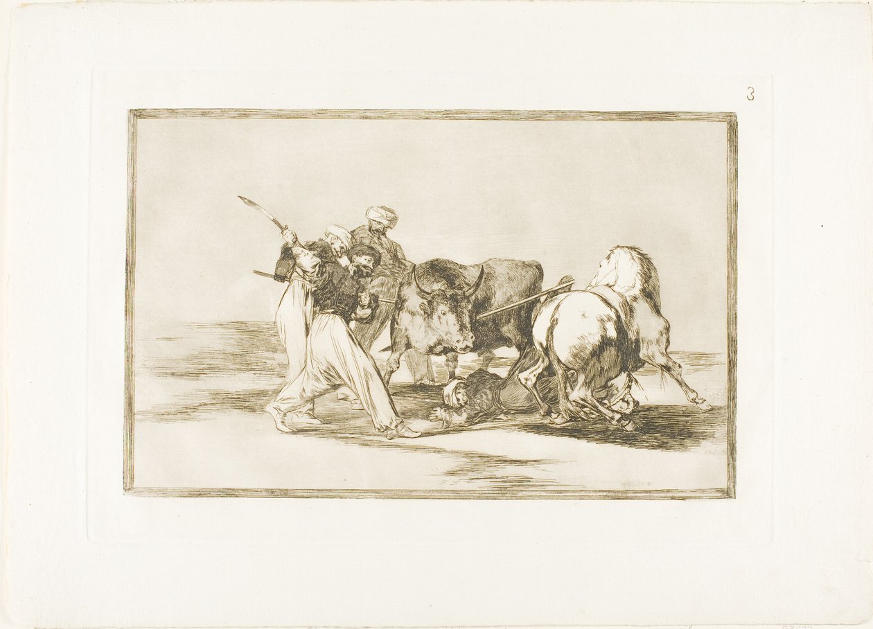 Maurerne hadde slått seg ned i Spania, gitt opp overtroen i Koranen, tatt i bruk denne jaktkunsten og spyd en okse i det fri, plate tre fra The Art of Bullfighting av Francisco Jose de Goya y Lucientes