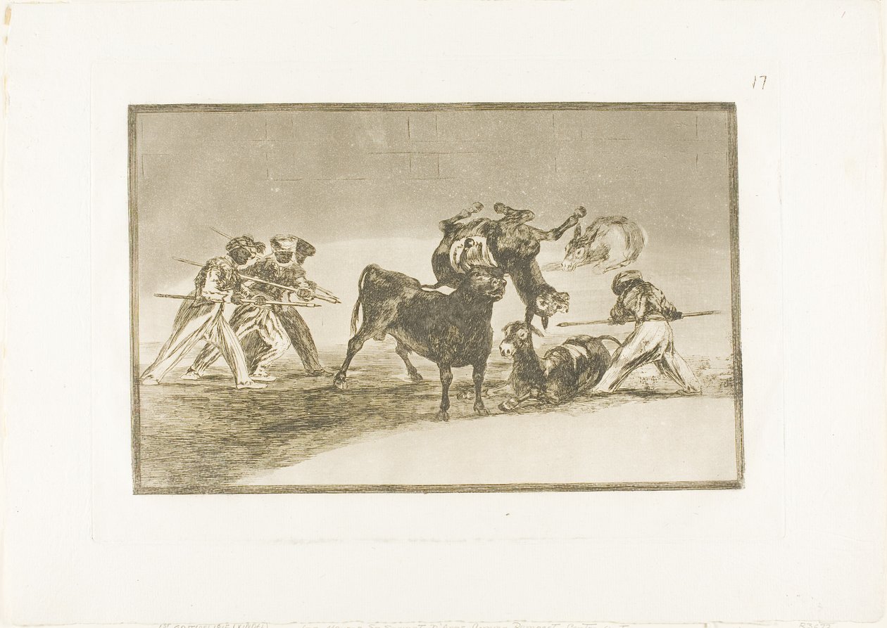 Maurerne bruker esler som en barriere for å forsvare seg mot oksen hvis horn er tippet med baller, plate 17 fra The Art of Bullfighting av Francisco Jose de Goya y Lucientes