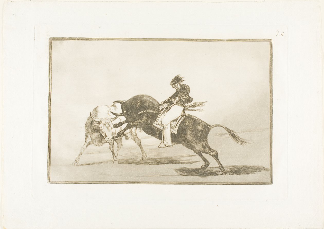 The Same Ceballos, montert på en annen okse, bryter korte spyd i ringen i Madrid, plate 24 fra The Art of Bullfighting av Francisco Jose de Goya y Lucientes