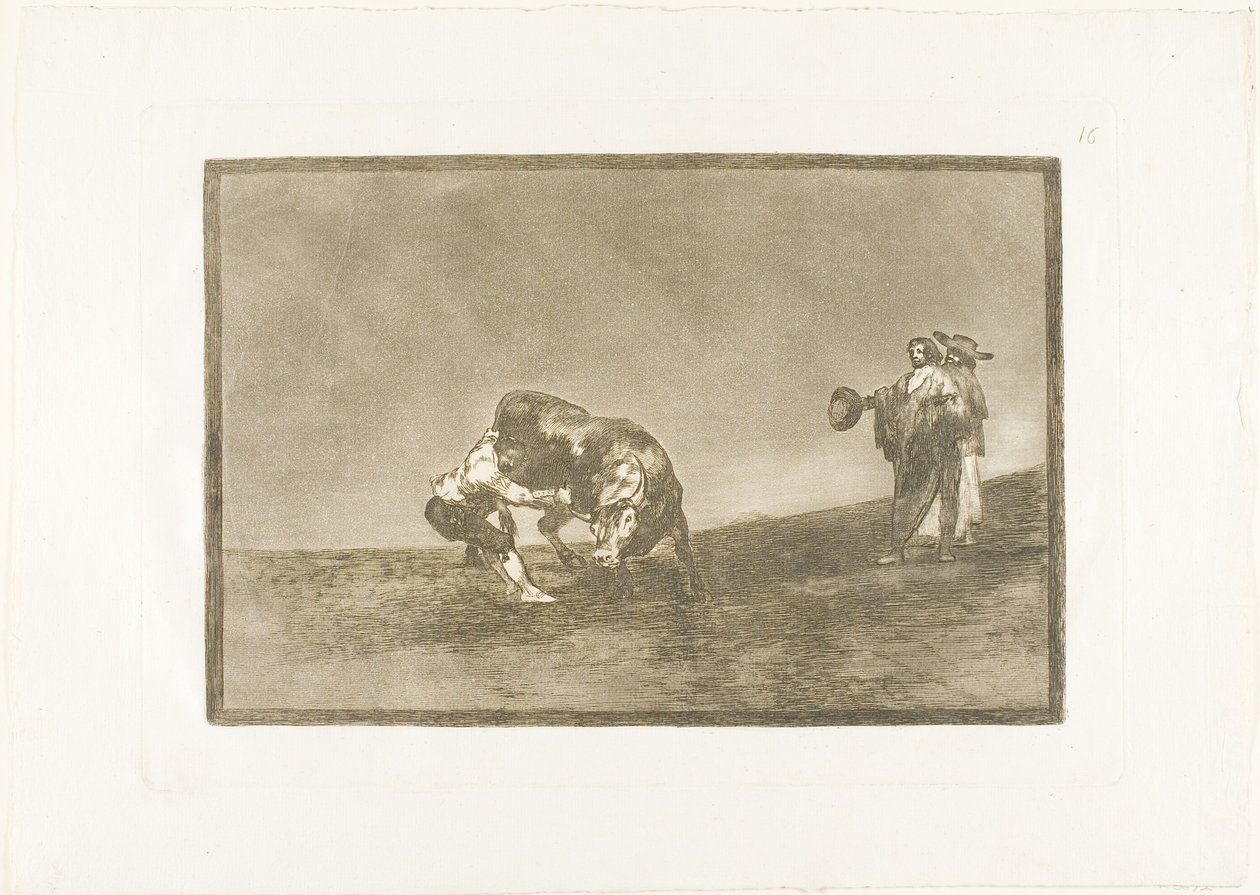 Den samme mannen kaster en okse i ringen i Madrid, plate 16 fra The Art of Bullfighting av Francisco Jose de Goya y Lucientes