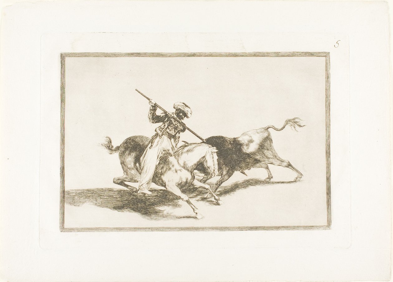 The Spirited Moor Gazul er den første som spyr okser i henhold til regler, plate fem fra The Art of Bullfighting av Francisco Jose de Goya y Lucientes