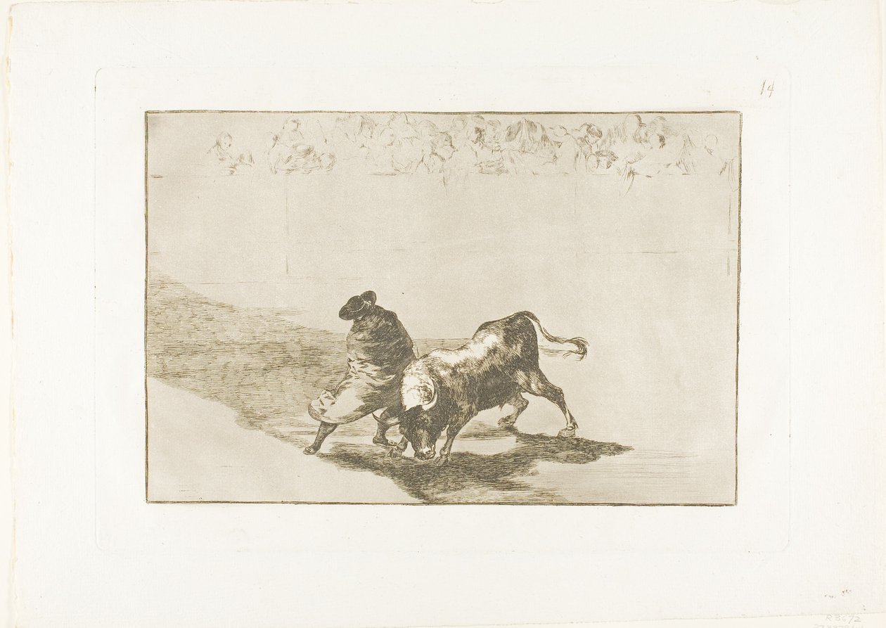 The Very Skilful Student of Falces, Wrapped in his Cape, Tricks the Bull with the Play of his Body, plate 14 fra The Art of Bullfighting av Francisco Jose de Goya y Lucientes
