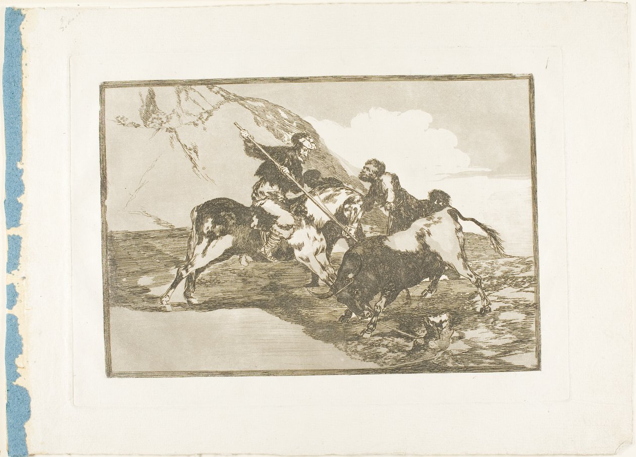Måten de gamle spanjolene jaktet okser på på hesteryggen i det åpne landet, plate en fra The Art of Bullfighting av Francisco Jose de Goya y Lucientes