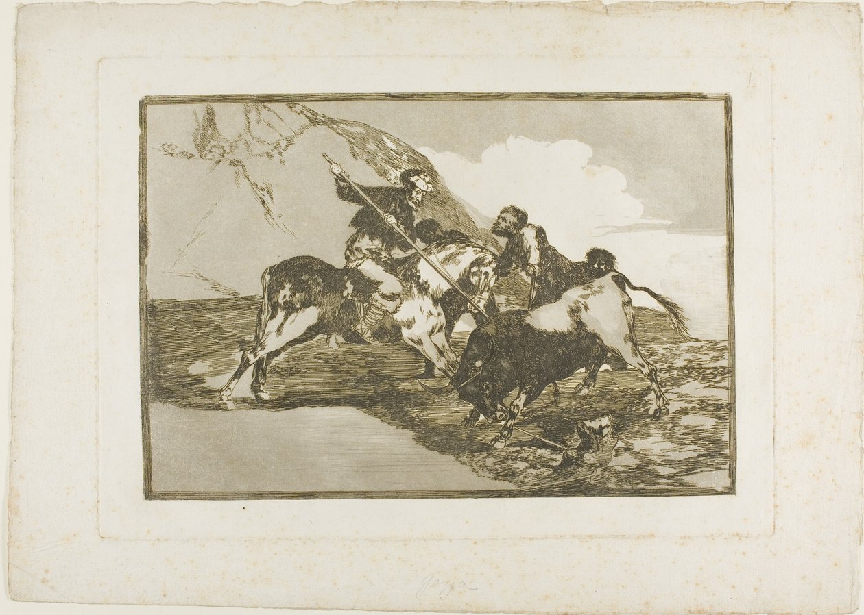 Måten de gamle spanjolene jaktet okser på til hest i det åpne landet, tallerken en fra The Art of Bullfighting av Francisco Jose de Goya y Lucientes