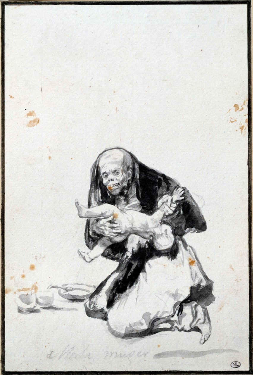 Den dårlige kvinnen (Mala mujer). Den onde kvinnen. Antropofagiscene, en heks sluker et barn. Grå vask av Francisco Goya y Lucientes (1746-1828) Søn. 0,21x0,14 m Paris, musee du Louvre av Francisco de Goya