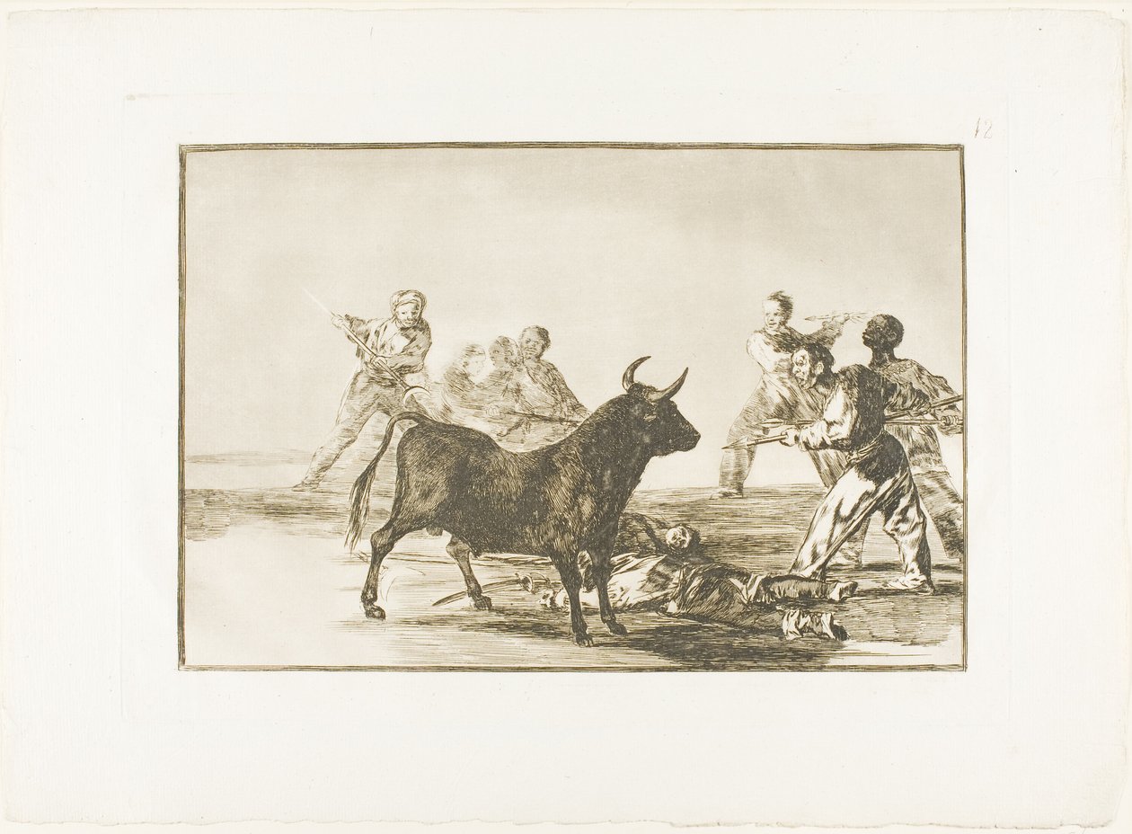 Rabben hamstring oksen med lanser, sigder, banderillaer og andre armer, tallerken tolv fra The Art of Bullfighting av Francisco Jose de Goya y Lucientes