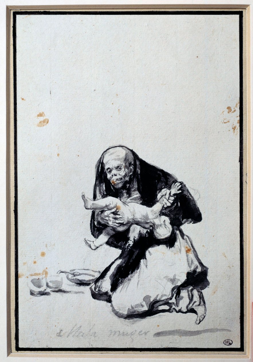 Feil kvinne Antropofagi Scene, en heks har et barn. Grå vask av Francisco Goya y Lucientes (1746-1828) Søn. 0,21x0,14 m Paris, musee du Louvre av Francisco de Goya