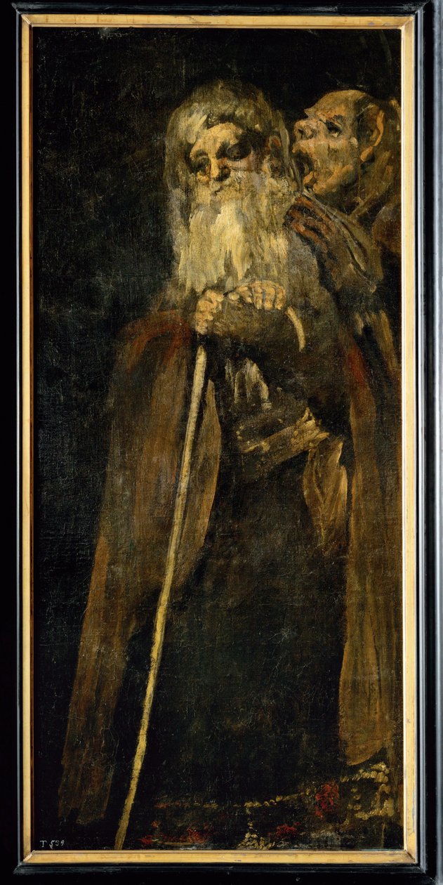 To munker; den ene er døv og lytter til den andre som roper inn i øret hans (maleri på lerret) av Francisco Jose de Goya y Lucientes