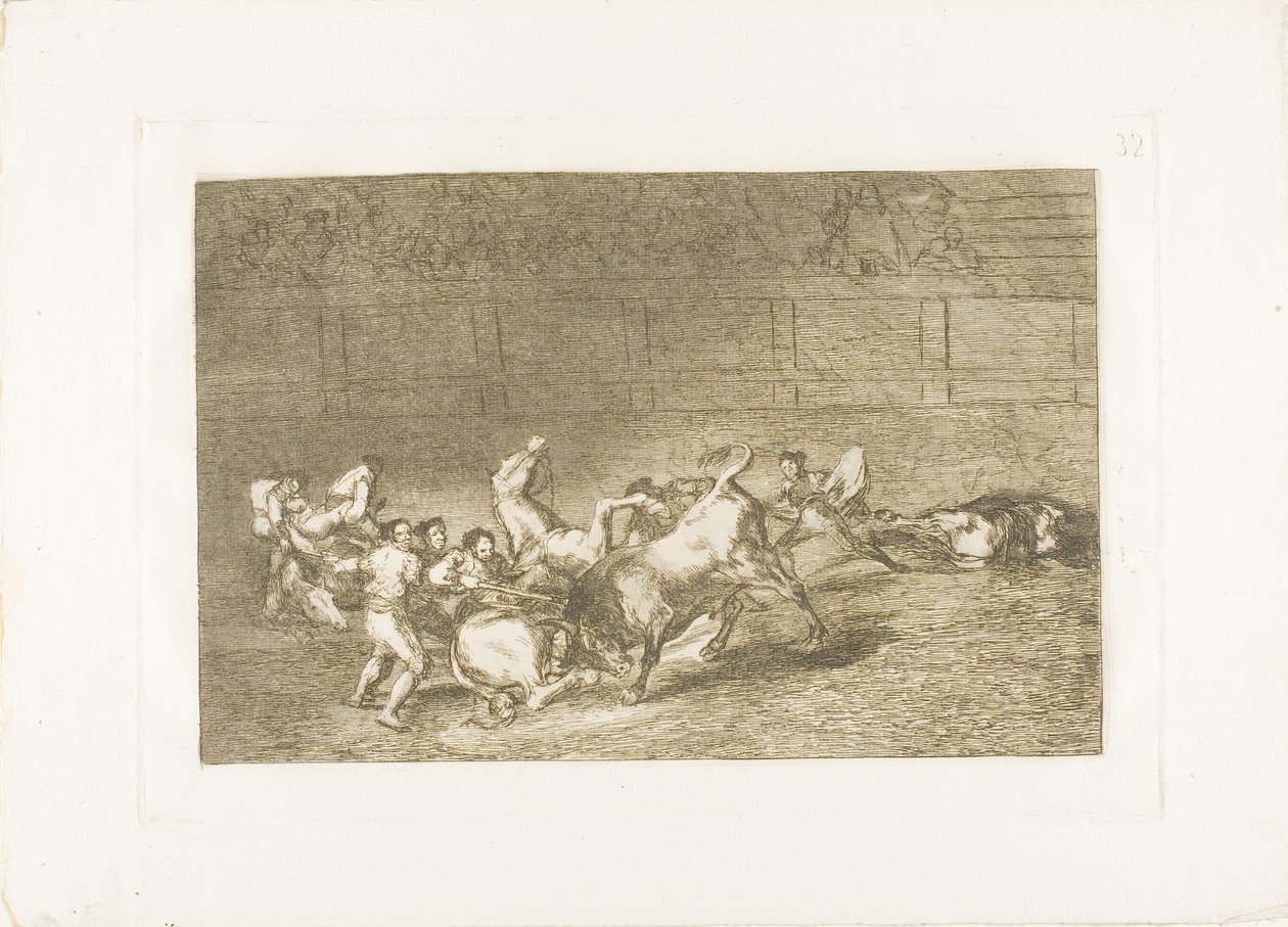 To lag med picadorer kastet etter hverandre av en enkelt okse, plate 32 fra The Art of Bullfighting av Francisco Jose de Goya y Lucientes
