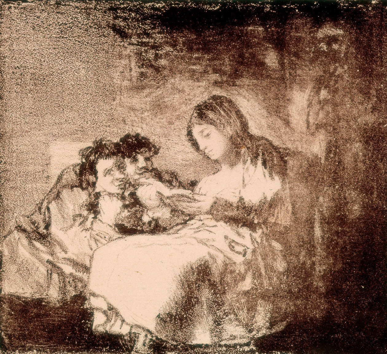 ""En kvinne leser en historie for to barn"" Litografi av Francisco de Goya y Lucientes (1746-1828). 1819-1822. Madrid. Nasjonalbiblioteket av Francisco Jose de Goya y Lucientes