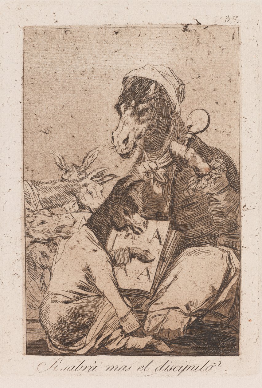 Vil eleven vite mer enn mesteren?, sent på 1700-tallet - begynnelsen av 1800-tallet (trykk) av Francisco de Goya